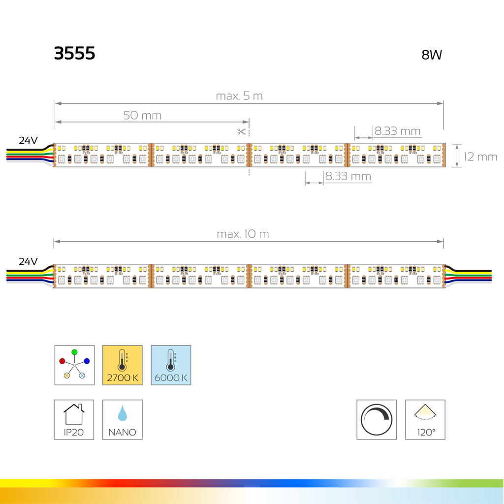 LED-Lichtband Color & Ambience Pro, Ra90+, 24V, 8W/m, 12mm | RGB & CCT zweireihig